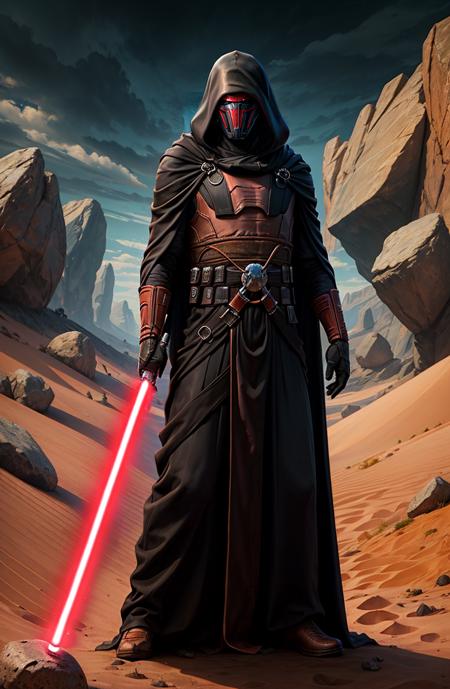 22984-1432714572-1boy, cowboy shot, Revan Raiment, black robes, star wars,   standing, mask, fighting stance,_detailed background, lightsaber,  ,.png